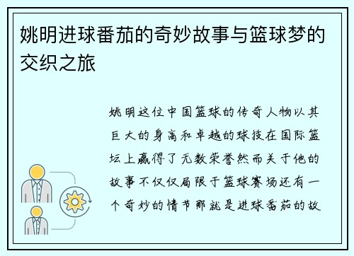 姚明进球番茄的奇妙故事与篮球梦的交织之旅